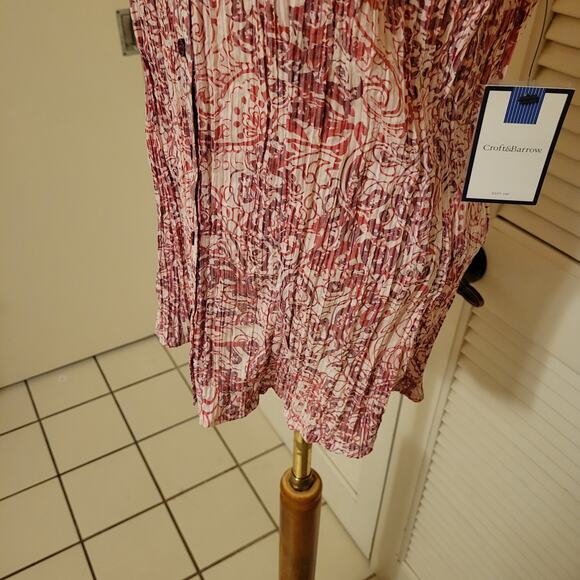 Ruched Paisley Crimped Button Front Blouse Croft & Barrow M Pink Oval Neckline - Picture 3 of 8